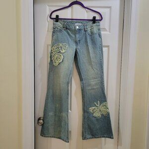 BDG Low Rise Flare Butterfly Applique Faded / Vintage Looking Denim Jeans size 2
